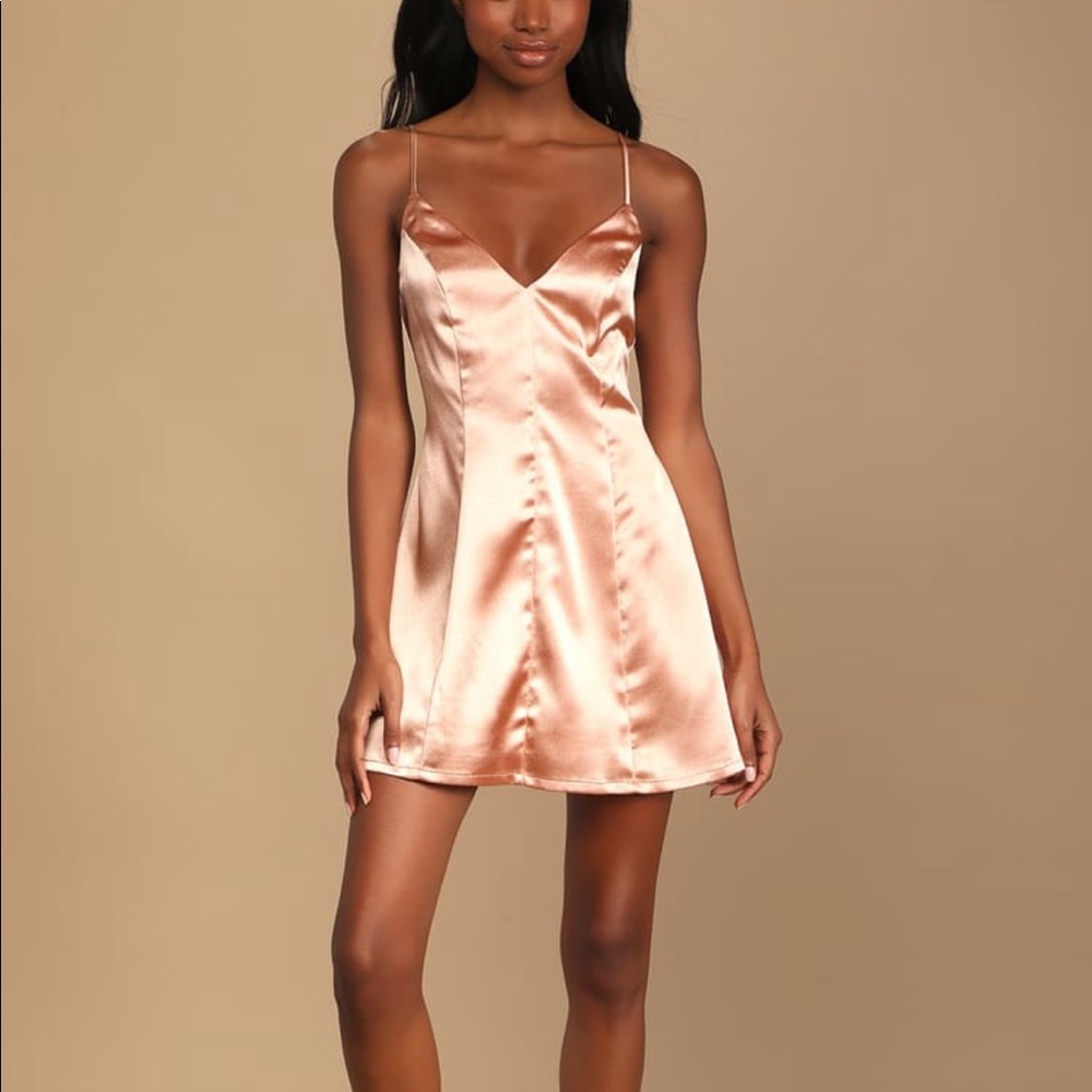 Lulus light pink satin mini dress with adjustable spaghetti straps.